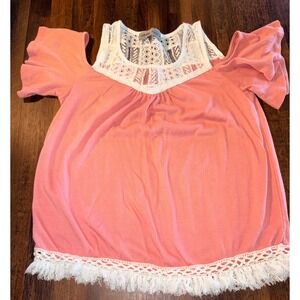 Absolutely Famous Coral Pink Lace Cold Shoulder Boho Fringe Top Womens Small